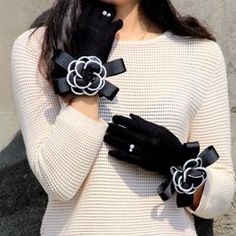 Five Fingers Gloves 2022 Brand Winter Women Cashmere Mittens Female Big Flower Warm Wool Driving Glove