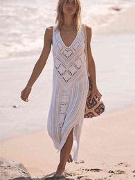 Sexy Sleeveless Bikini Cover-ups White Dress Women Crochet Tunic Knitted Summer Beach Dress SwimSuit Cover Ups Maxi Dress Y220413