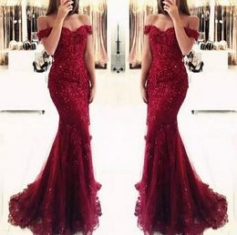 Junoesque Burgundy Lace Mermaid Prom Dresses Appliques Off The Shoulder Beaded Sequins Long Prom Chowns Evening Dresses BM0449