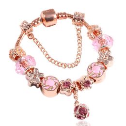 New Charm Bracelet Rose Gold Pink Lollipop Purple Crystal Ball Pendant European Charm Beads Five Petals Flower Beads Bangle Fits Pandora Charm Bracelets & Necklace