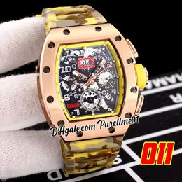 2022 A21j Automatic Mens Watch Rose Gold Big Date Skeleton Dial Yellow Gray Camouflage Rubber Strap Super Edition 5 Styles Puretime01 E139-011B2