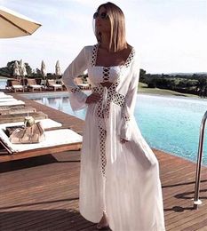 Women's Swimwear Crochet White Knitted Beach Cover Up Dress Tunic Long Pareos Bikinis Ups Swim Robe Plage BeachwearWomen's