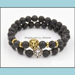 Beaded Strands Bracelets Jewellery Natural Lava/Volcanic Buddha Leo Lion Head Beaded Bracelet Black Lava Stone Bead Men Women Rope Chain Stra