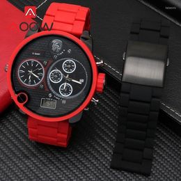 Watch Bands 28mm Stainless Steel Silicone Strap Folding Buckle Men Red Replacement Bracelet Band For Thedaddie DZ7370 DZ7396 Hele22