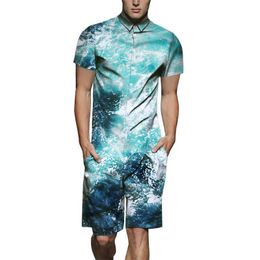 Men's Tracksuits Summer Mens Fashion Design Romper 3D Ocean Wave Print Playsuit Male Short Sleeve Beach Sets Casual Jumpsuit Overalls US Siz