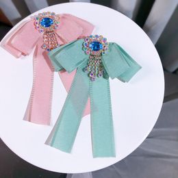 Korean Handmade Cloth Art Bow Tie Brooches for Women Colour Crystal Rhinestone Tassel Collar Pins Shirt Jewellery Accessories Gifts