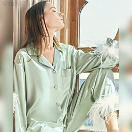 Hiloc Satin Pajamas With Feathers 2022 Fashion Women Pajamas With Fur Single Breasted Pants Suits Pocket Nightwear Home Suit L220803