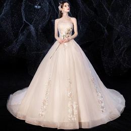 Champagne Strapless Wedding Dress For Women 2022 Bridal Ball Gowns Sweep Train Simple Slim High Waist Dresses vestido de noiva