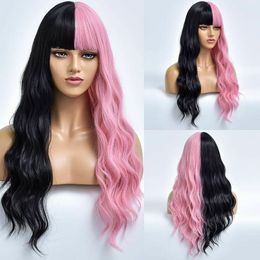 Long Wavy Synthetic Wigs Half Black Pink Cosplay Natural Fiber Women Daily Hairs