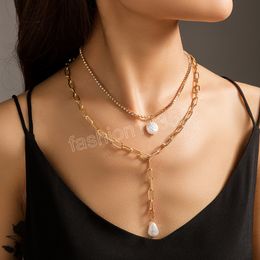 Layered Thick Chain with Pearl Pendant Necklace for Women Bling Rhinestone Long Tassel Necklace Set 2022 Fashion Jewelry