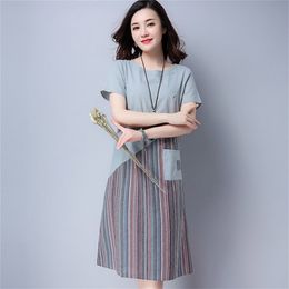 Supermiss Women Summer Short Sleeve Dresses Loose Patchwork Linen Tunic New Stripe Casual Midi Dress Tops With Pockets T200603