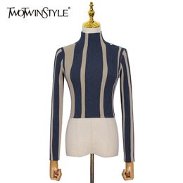 TWOTWINSTYLE Striped Temperament T Shirt For Women Turtleneck Long Sleeve Hit Colour Slim Short Tops Female Fashionable 220411