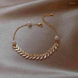 Pearl Golden Wheat Ear Leaf Bracelet For Woman Retractable Pull-out Girlfriends Sisters Jewelry Gifts Link Chain