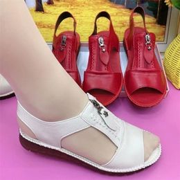 Women Sandals Zipper Flat Soft Pu Leather Sole Comfy Sandalias Summer Casual Mother Shoes Solid Colour Plus Size Chaussure Femme 220701
