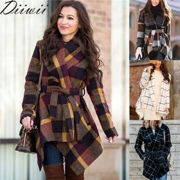 Autumn Winter Stylish And Warm Sashes Trench Women Woollen Plaid Coats Turn Down Collar Medium Long Female Jackets LJ201106
