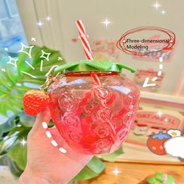 Summer Cute Strawberry Straw Water Bottle Cartoon1500ml Food Grade PP Wide Application Milk Coffee Juice Straws Cup For Home Drinkware YS0025(Ocean)
