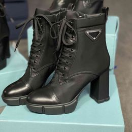 designer plaque boots lace up ankle boot 9 5cm women black leather combat boots high heel winter quality