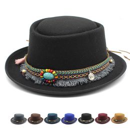 Vintage Wide Brim Curl Top Hat For Men Women Ethnic Woven Cloth Strip Tassels Felt Hats Outdoor Travel Gentleman Caps HCS171