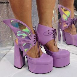 Rontic Handmade Women Platform Sandals Flying Decoration Block Heels Round Toe Gorgeous Purple Fuchsia Party Shoes US Size 5-15