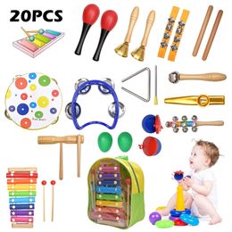 20pcs Set di strumenti musicali a percussione per bambini con borsa per il trasporto Giocattoli educativi Set di band ritmiche Sonagli di legno Regali per bambini 220706