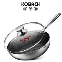 KOBACH frying pan 30cm kitchen nonstick stainless steel wok honeycomb bottom with glass lid 220423