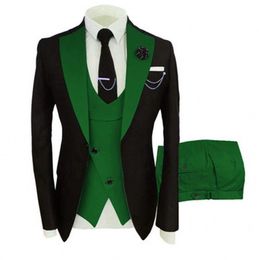 New Popular Black 3 Piece Suit Men Wedding Tuxedos Green Notch Lapel Slim Fit Groom Tuxedos Men Dinner Prom Blazer Jacket Pants Tie Vest 777