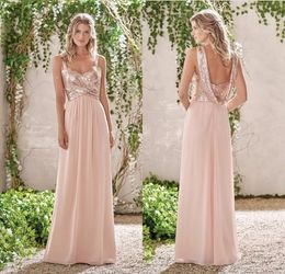 One pcs 2022 New Rose Gold Bridesmaid Dresses A Line Spaghetti Straps Backless Sequins Chiffon Wedding Party Dress Maid of Honor