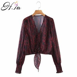HSA women blouse chiffon blouses vintage Bow Tie V neck Long Sleeve Casual Blouses female flower summr chiffon tops 210716
