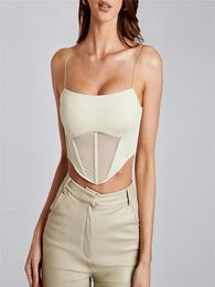 Women's Tanks & Camis Women's Y2k Mesh Stitching Crop Top Summer Sexy Perspective Low Cut Solid Colour Sleeveless Camisole Bustier Corset