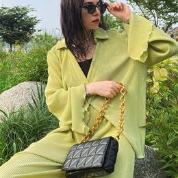 Bornladies Green Vintage Flare Sleeve Blouse Casual Oversize Single Breasted Woman Summer Pants Set 2 Piece Outfit 220509