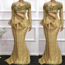 2022 Arabic Mermaid Evening Dresses Wear Gold Sequined Lace Custom Made Sexy Off Shoulder Prom Long Sleeve Robe De Marrige Sweep Train Sequins Gowns Beads
