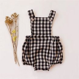 born Baby Boy Girl Romper For 0-2Y Summer Cotton Linen Jumpsuit Plaid Sleeveless Backless Solid Outfits Clothes 220426