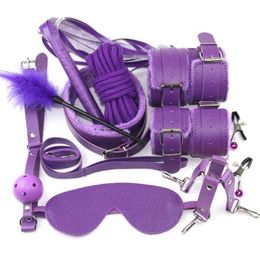 NXY Bondage SexLady Handcuffs Whip Collar Gag Nipple Clamps Rope Bdsm Set Erotic Toys for Couples Women Anal Butt Plug Tail 0418