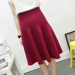 Autumn Winter Knitted Skirt Women Midi High Waist A Line Knit Skirts s Seamles Pleated Jupe Saia Quality 220317