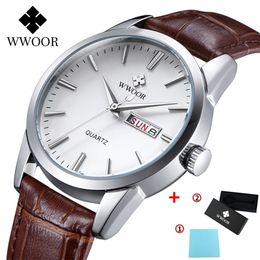 WWOOR Leather Men's Watch Top Brand Luxury Date Waterproof Watches Mens 2020 Casual Quartz Wrist Watch For Men Relogio Masculino T200909