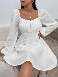 Casual Dresses White Women Dress Pullover Square Neck Long Sleeve High Waist Lace A-line Tweed Frill Trim Knot Back Winter DressCasual