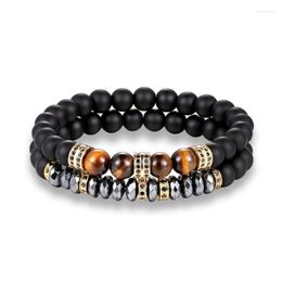 Beaded Strands 2pcs Women Men Tiger Eyes Bead Bracelet Black Mantra Prayer Beads Buddha Trum22