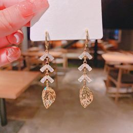 Dangle & Chandelier Fashion Gold Electroplated Zircon Leaf Long Earrings For Women Korean Style Temperament Dangling Earings Jewelry Wholesa