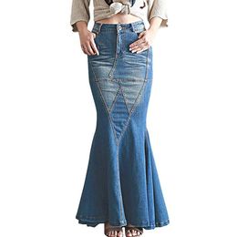 Denim Women Fashion Casual Stretch Waist Fishtail Mermaid Skirts Vintage Long Jean Sexy Floor-length Female Skirt 210324