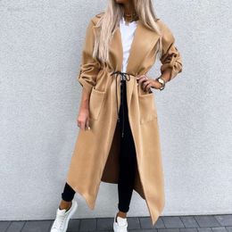 New Women Vintage Long Sleeves Pocket Wool Jacket Warm Long Overcoat Outfit Street Style High Quality Jackets Quick Shipping L220725