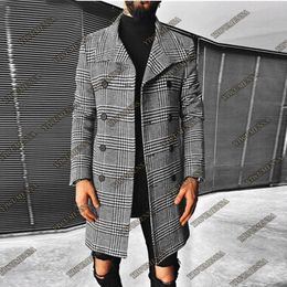 Men's Suits & Blazers Winter Men Trench Coat Long Suit Jackets 1 Piece Double Breasted Plaid Check Overcoat 2022 Male Clothing Outwear Grey