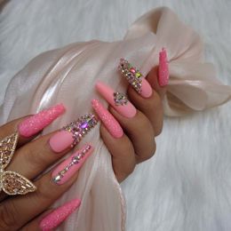 24pcs design luxury jewelry long ballet coffin fake nails crystal diamond High end light Orange 220716