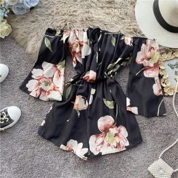 Women's Jumpsuits & Rompers Summer Beach Style Vacation Playsuits Boho Flower Print Slash Neck Flare Sleeve Casual High Waist BodysuitsWomen