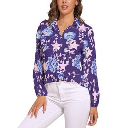 Women's Blouses & Shirts Blue Flower Print Blouse Female Pink Stars Casual Loose Long Sleeve Modern Printed Clothes Big Size 2XL 3XLWomen's