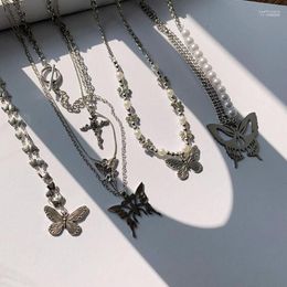 Pendant Necklaces Metal Chain Heart Zircon Cross Angel Hollow Out Exaggerate Butterfly Necklace For Women Personality Y2K Jewelry HUANZHI He