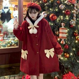Women's Wool & Blends Christmas Red Woollen Hooded Coat Women Autumn Winter 2022 Japanese Fashion Mid-length Thick Jackets Womens Clothes Ber