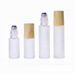 Essential Oil Roller Bottles 5ml 10ml Refillable Glass Roll On Bottle with Stainless Steel Balls and Wood Grain Plastic Cap Cosmetic Packaging