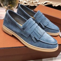 LoroPiano Leather Shoes Suede High-quality Mens Women Walk Sneakers Punching Tassels Lock Designer Flats Leisure Dress Shoe Official Plus K042