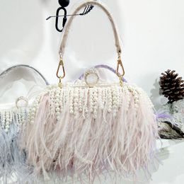 Evening Bags Women Real Ostrich Fur Handbag With Ring Pearl Luxury Day Clutch Diamond Bag For Party Wedding Mini Feather Chains ToteEvening