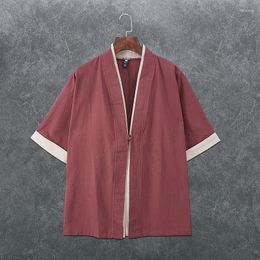Ethnic Clothing Chinese Style Linen Tang Suit Robe Men's Loose Thin Japanese Kimono Three-quarter Sleeve Hanfu Cloak ShirtEthnic